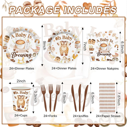 168PCS Coffee Baby Shower Party Supllies for Boys Girls A Baby Is Brewing Party Decorations Coffee Themed Tableware Plates Cups Napkins Cups Forks Knives and Straws Dinnerware for 24 Guests