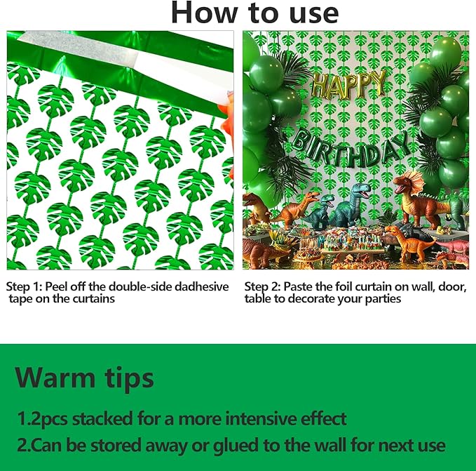 2 Packs Jungle Leaf Foil Fringe Curtain, Green Glitter Tropical Palm Leaves Metallic Tinsel Backdrop for Safari Birthday, Baby Shower, Hawaiian Aloha Luau Party Decorations Supplies