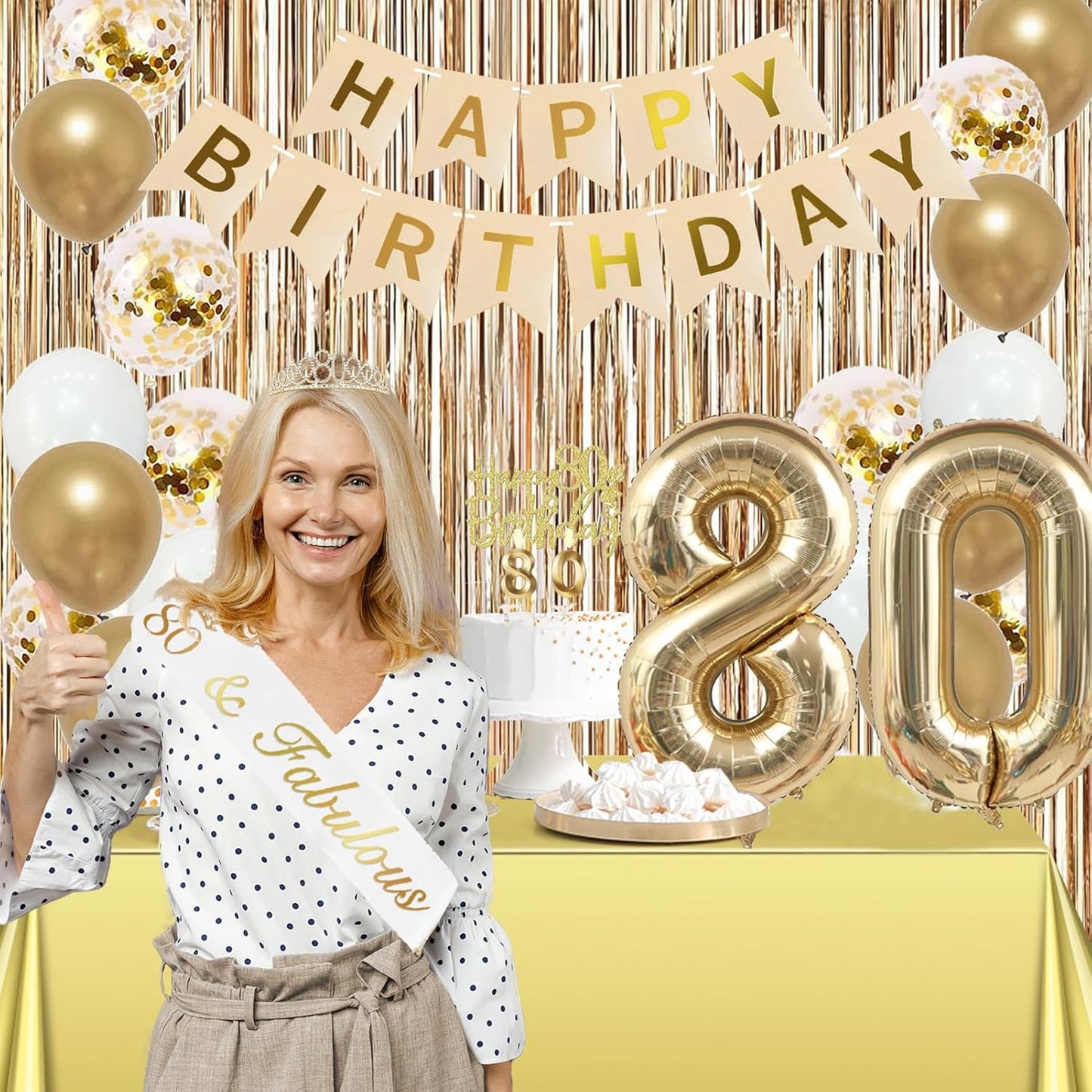 Trgowaul 80th Birthday Decorations for Women, Banner, Sash and Crown, Cake Topper, 80 Number Balloon, Fringe Curtains, Champagne Gold 80th Birthday Party Supplies