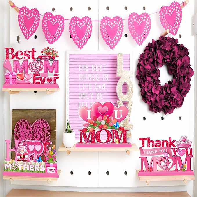 4pcs Mothers Day Decorations for Party Wood Table Decor Happy Mothers Day Centerpieces for Tables Pink I Love U Mom Thank You Mom Wood Tabletopper for Home