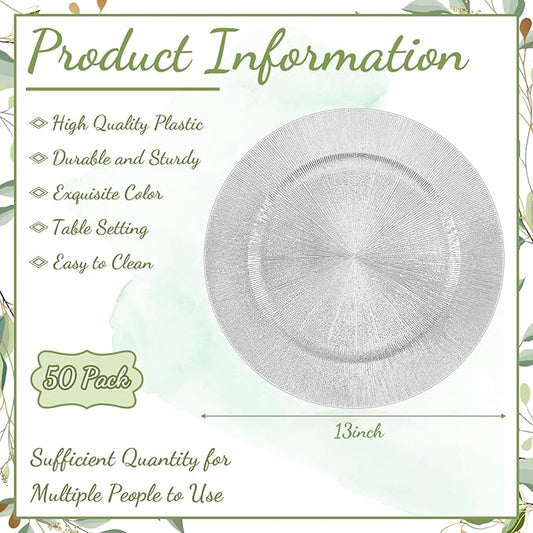 Tanlade 50 Pcs Silver Charger Plates Bulk, 13" Round Plastic Dinner Charger Plate, Shiny Silver Table Chargers Serving Plates Catering Tabletop for Thanksgiving Halloween Christmas Wedding Party Decor