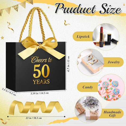 Moinchore 30 Pcs Black Gold 50 Birthday Paper Gift Bags Bulk 5.5 x 4.7 x 2.5 in Mini Cheers to 50 Years Favor Bags with Handles Bow Ribbon Wrap for Birthday Anniversary Wedding Day Party Supplies