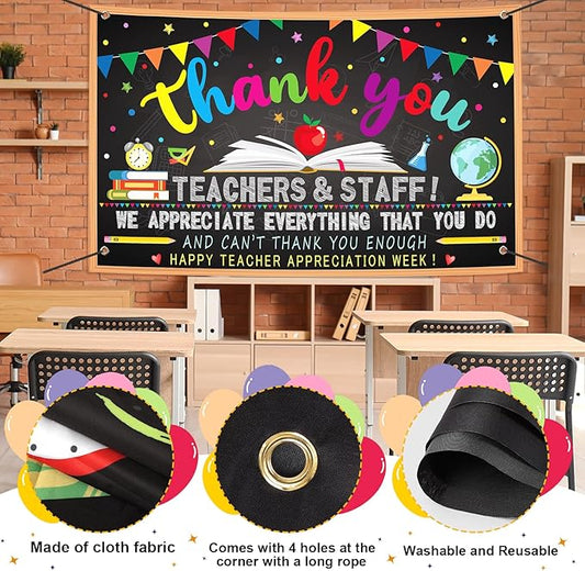 Happy Teacher Day Banner Teacher Appreciation Week Decorations Flag Outdoor 71x44 Inch School Classroom Backdrop,Thank You Teacher Gifts for Indoor Home Party Supplies,Yard Sign Photography Background