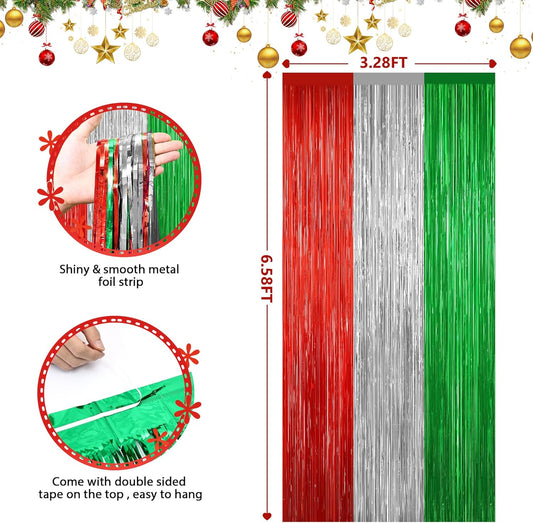 2 Pack Red Silver and Green Metallic Tinsel Foil Fringe Curtains, Door Streamers Photo Booth Backdrop for Birthday Party, Tinsel Curtain Backdrop for Christmas Theme Party Decorations
