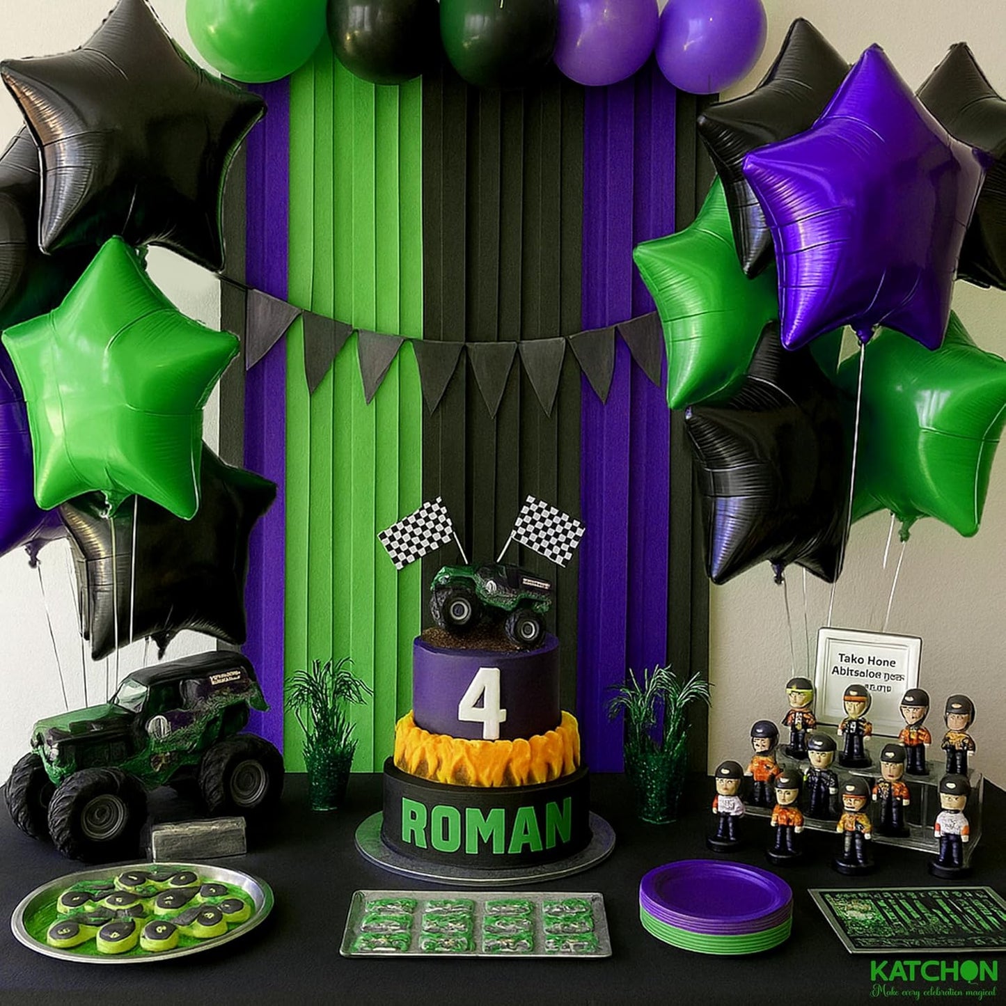 Katchon, Purple Green and Black Star Foil Balloons - 18 Inch, pack of 12 | Halloween Decorations Indoor, Spooky Decor For Home | Green Star Balloons For Halloween Decor | witch Party Decorations