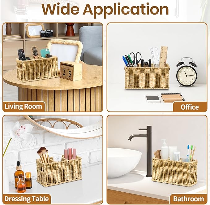 Wicker Utensil Holder, Woven Rattan Silverware Caddy for Party, Countertop Cutlery Storage Box, Knife Fork Spoon Holder, Cabinet Tabletop Silverware Organizer (M, Beige)