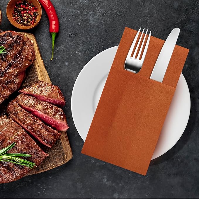 Terracotta Napkins Hand Towels Disposable, Linen-Feel Dinner Napkins with Prefolded Built-in Flatware Pocket, Guest Paper Hand Towels For Wedding, Dinner Or Party (16x16in, 50Pack)
