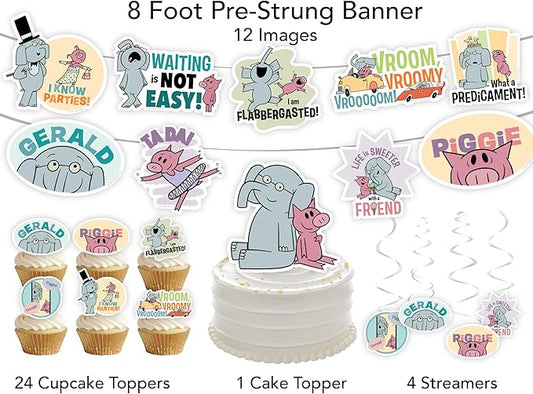 Elephant and Piggie Party Supplies Boy or Girl Birthday Party Decor with 8 Foot Banner, 24 Cupcake Toppers, Cake Topper, 4 Streamers with Gerald and Piggie Book Characters by Mo Willems (Party Set)