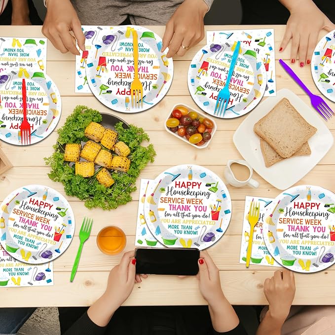 96Pcs Colorful Happy Housekeeping Week Paper Plates and Napkins We Appreciate You Disposable Tableware Thanks for All You Do Party Plate for 24 Guests Housekeepers Appreciation Party Supplies