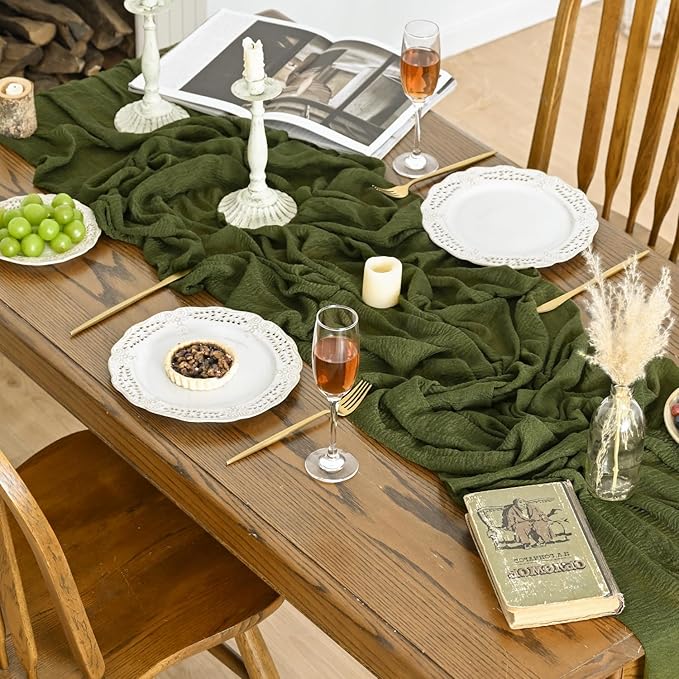 Artoid Mode Boho Cheesecloth Gauze Olive Green Wedding Table Runner, 120 Inch Seasonal Fabric Kitchen Dining Holiday Table Decor for Home Party Indoor