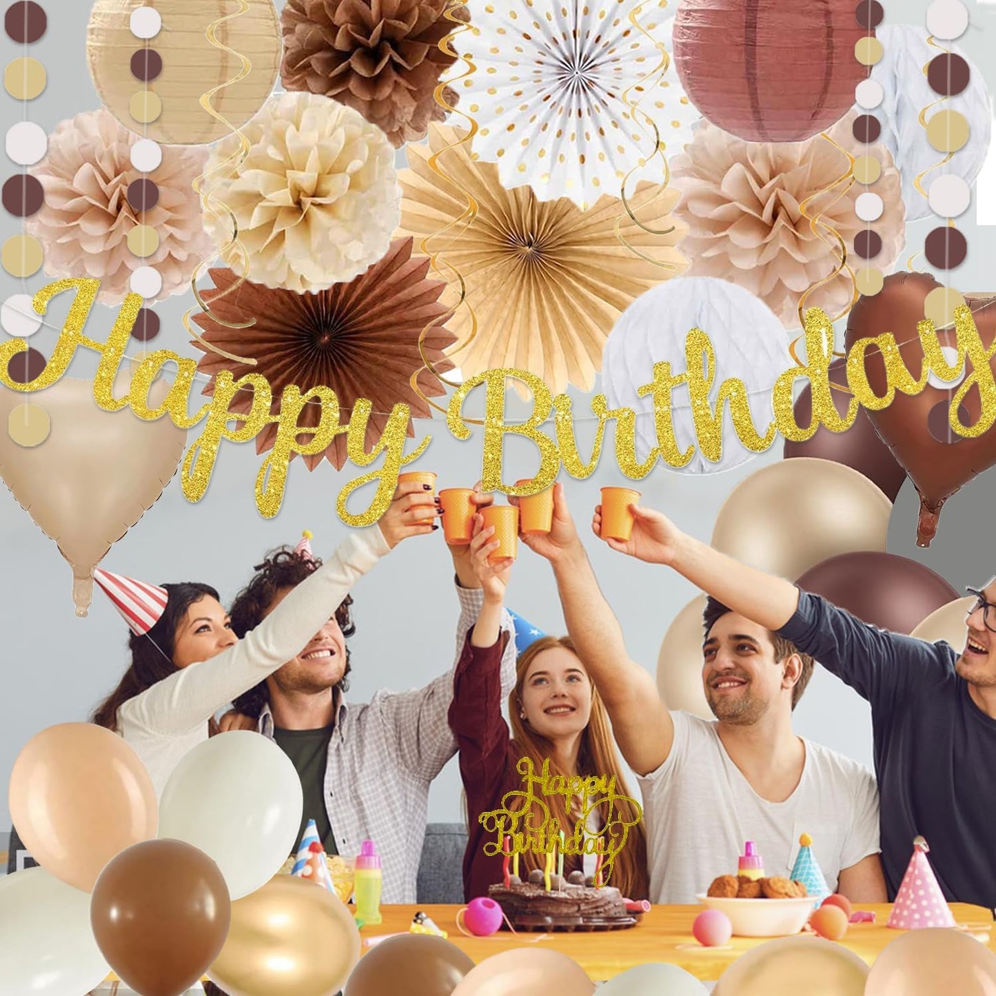 Boho Brown White Birthday Decorations - 62pcs Happy Birthday Banner, Neutral Rustic Paper Lanterns Honeycomb, Hanging Streamers, Tissue Pom Poms Flower Fan, Birthday Decorations for Women Girl Boys