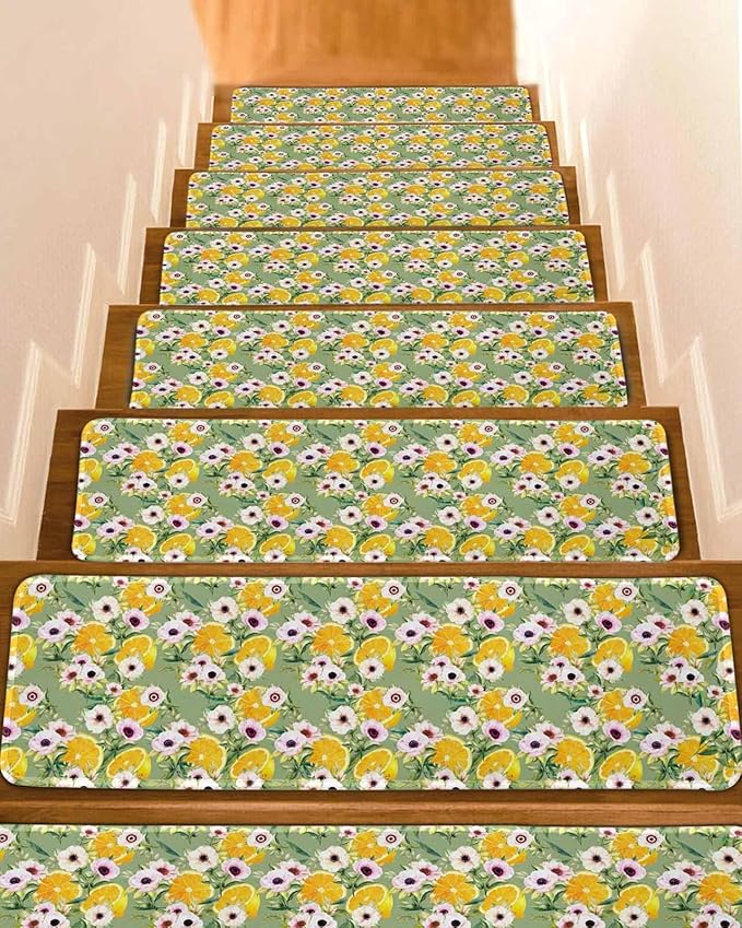 Summer Flowers Stair Treads Non Slip for Wooden Steps Pink Floral Yellow Lemons Leaves Green Pastoral Stair Runner Carpet Reusable Adhesive Staircase Rugs for Dogs, Elders and Pets, 8x30 Inch, 15PCS