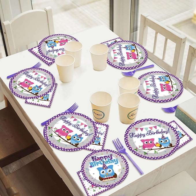 96Pcs Owl Birthday Party Supplies Owl Theme Paper Plates Napkins Animal Party Decorations Cute Owl Dinnerware Party Favor Boys Girls Baby Shower Tableware Serves 24