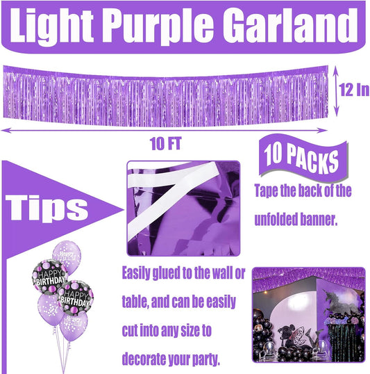 10 Pack 10 Feet Foil Fringe Garland Metallic Tinsel Streamers Banner Wall Hanging Curtain Backdrop for Parade Floats, Wedding, Disco, Birthday, Halloween, Christmas Party Decorations(Light Purple)