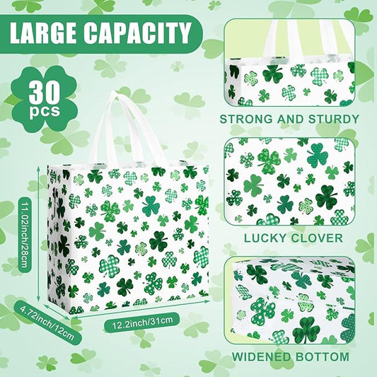 Abbylike 30 Pcs St Patrick's Day Lucky Gift Bag Large Irish Gift Bags Shamrock Candy Green Non Woven Bags for Party Favor