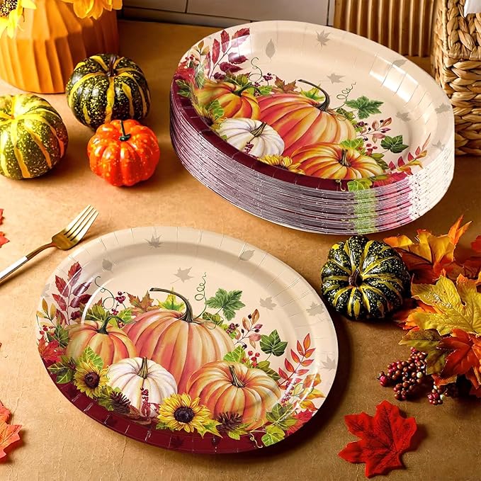 Grencian 50Pcs Fall Oval Paper Plates 10" x 12" Large Disposable Heavy Duty Pumpkin Plates Thanksgiving Pumpkin Sunflower Paper Platters for Thanksgiving Fall Harvest Holiday Decorations