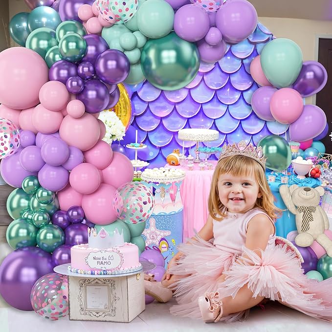 Amandir 153pcs Mermaid Balloon Garland Arch Kit, Different Sizes 18 12 10 5 inch Purple Pink Green Latex Metallic Confetti Balloons for Girl Ocean Themed Party Decorations