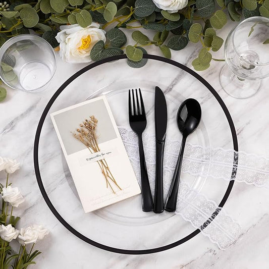 Goodluck 12 Inch Disposable Charger Plates Plastic, 100 Pack Plastic Clear Charger with Black Rim for Dinner, Wedding, Party