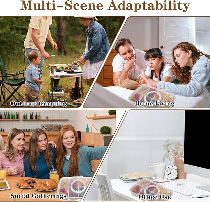 2 Pack Divided Snack Container with Lid & Handle, Dishwasher Safe 8 Compartment Snack Platters, Portable Snackle Box Container for Fruits, Candy, Nuts, Charcuterie, Picnic, Party & Travel