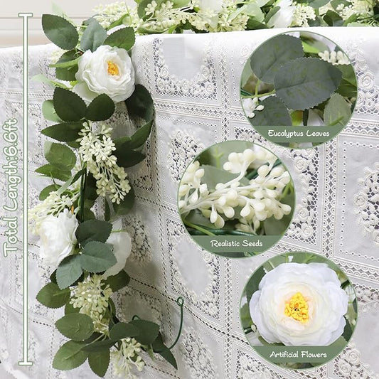 MAKHOT 2Pack White 6.6 Ft Eucalyptus Garland with Lovely Faux Rose Flowers, Artificial Eucalyptus and Rose Garlands Decor, Floral Greenery Garland for Wedding Home Table Decor (White)
