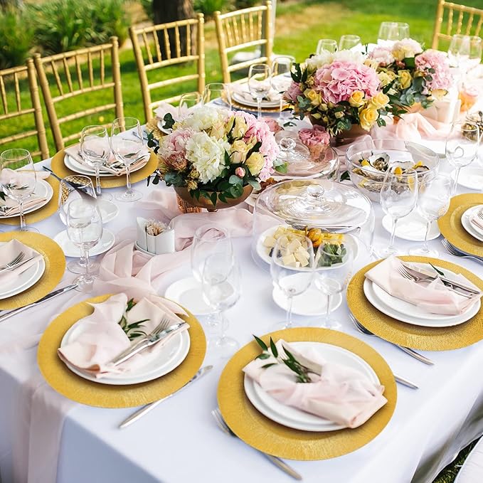 Tanlade 50 Pcs Gold Charger Plates Bulk, 13" Round Plastic Dinner Charger Plate, Shiny Golden Table Chargers Serving Plates Catering Tabletop for Thanksgiving Halloween Christmas Wedding Party Decor