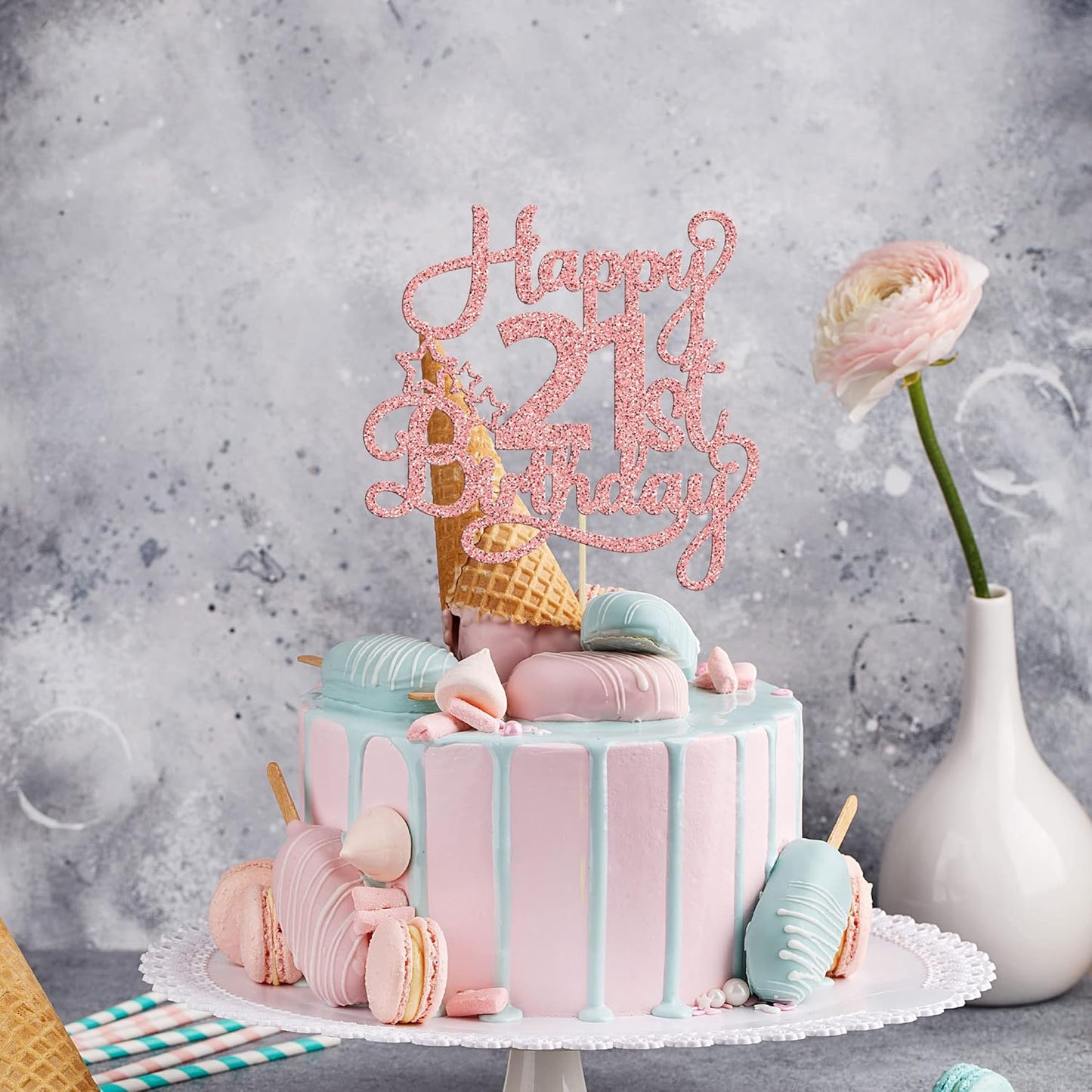 1 Pack Happy 21st Birthday Cake Topper - Rose Gold Glitter '21 & Fabulous' - Cheers to 21 Years Old Cake Pick for Celebrating Anniversary Party Decorations Supplies