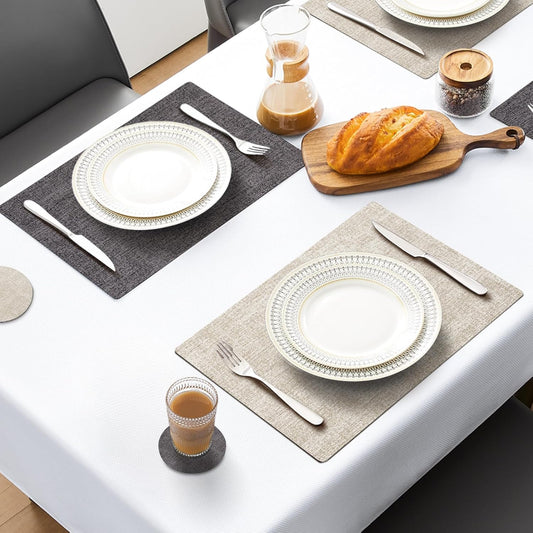 MOSAYT Placemats Set of 8, Heat Resistant Vinyl Place Mats with Coasters, Wipeable Washable 100% Waterproof Oil Proof Faux Leather Table Mats for Kitchen Dining Party Outdoor, 12" x 18", Grey Beige