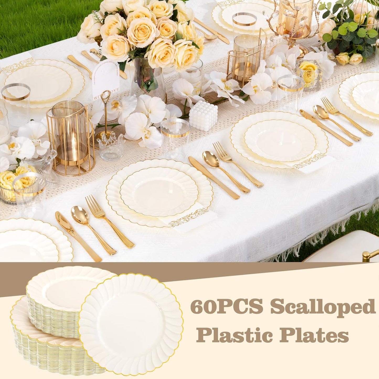 YOUBET 60PCS Ivory Scalloped Plastic Plates - Hard Craem and Gold Fancy Disposable Plates include 30 Gold Dinner Plate, 30 Dessert Plate for Party & Wedding & Thanksgiving