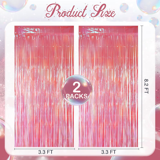 2 Pack Pink & Green Party Streamers Backdrop Curtains, 3.3x8.2ft Holographic Tinsel Foil Curtain Photo Booth Props for Birthday, Wedding, Holiday Celebration, Bachelorette, Theme Decorations