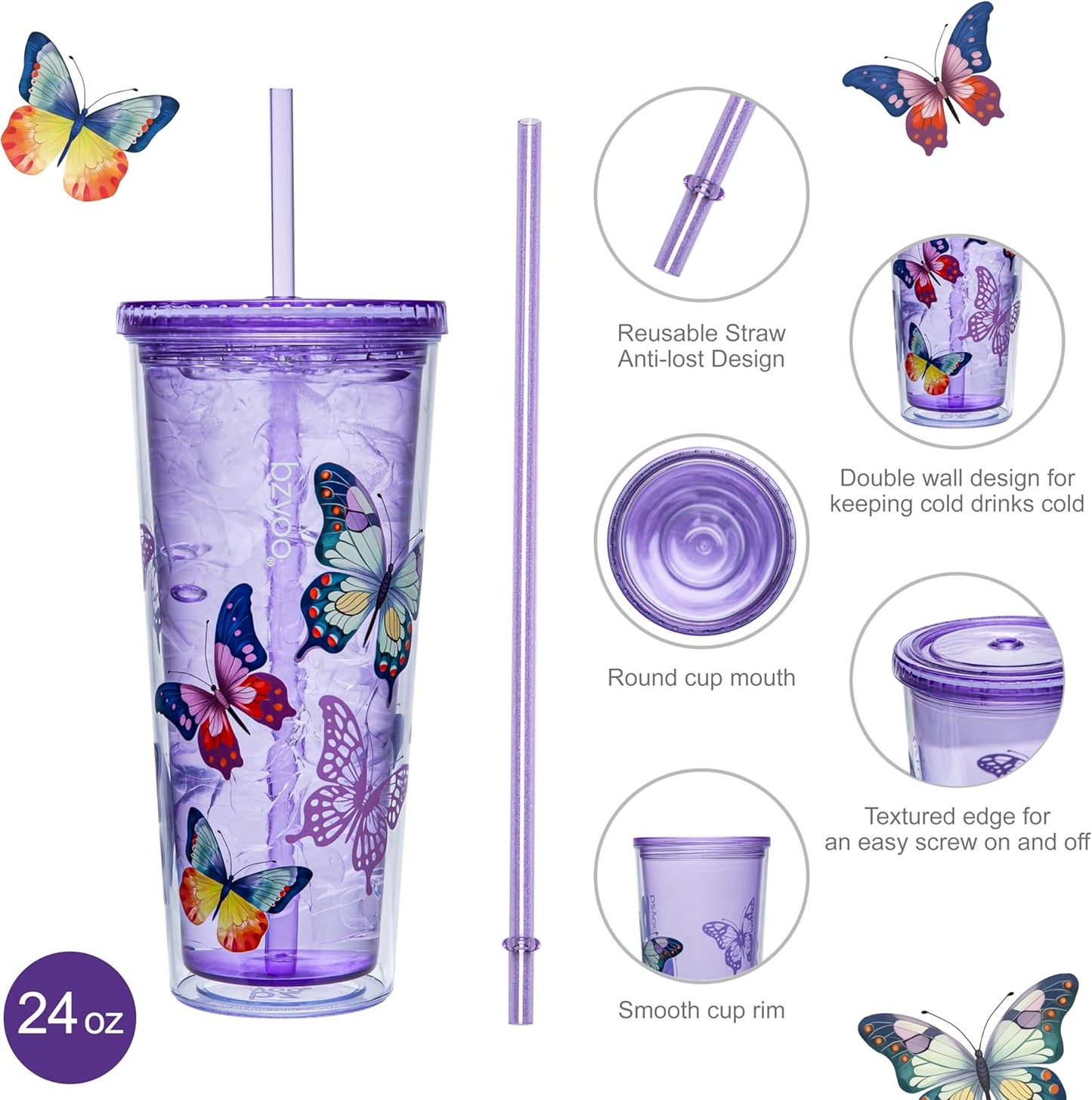 bzyoo SIP 24oz (710ml) Double Wall Plastic Tumbler with Lid and Straw Cold Drink Travel Mug Reusable Party Cup Perfect for Ice Coffee, Tea Office Poolside Parties Gifts Color: Butterfly Purple