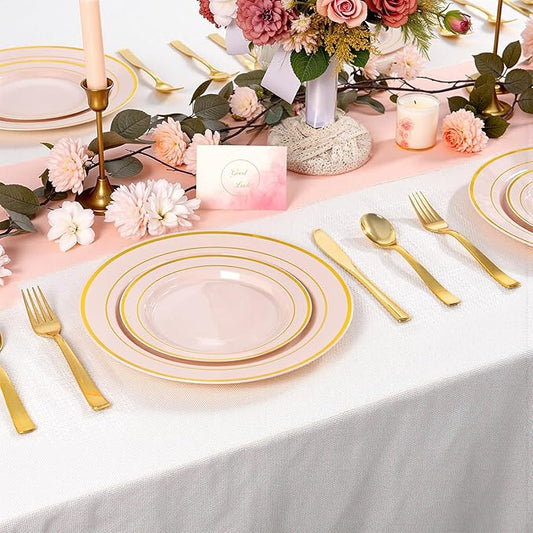 100Pcs Pink Plastic Dessert Plates, Disposable Salad Plate with Gold Rim, Premium Hard Fancy Small Plates, Heavy Duty Plastic Cakes Plates for Party, Wedding&Birthday&Valentine's Day