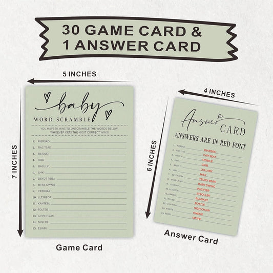 Baby Shower Word Scramble Game Cards - Minimalism Moss Green Party Game & Activity - 5"X7" Game Cards, Gender Reveal Game - Baby Shower Party Favors & Decorations (Pack Of 30 & 1 Answer Cards)-B08