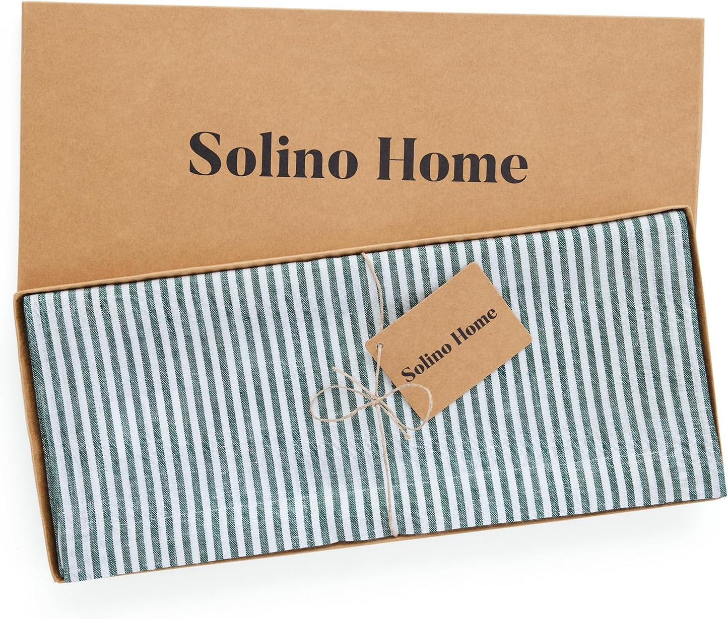 Solino Home Linen Table Runner 36 Inches - Narrow Stripe 100% Pure Linen Rainforest and White Table Runner 14 x 36 Inch Ideal for Dresser and Coffee Tables - Christmas
