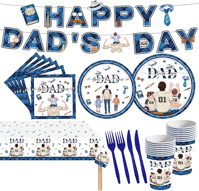 98PCS Happy Father's Day Party Supplies Fathers Day Tableware Set Best Dad Paper Plates Napkins Forks Knives Tablecloth Banner Fathers Day Party Decorations Disposable Dinnerware for 16 Guests