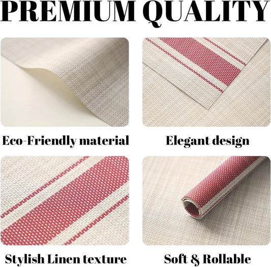 Placemats Set of 6 Vinyl/Plastic Woven Place Mats for Kitchen Table Indoor/Outdoor Washable Placemat Wipeable Dining Table Mats (Khaki Red,6)