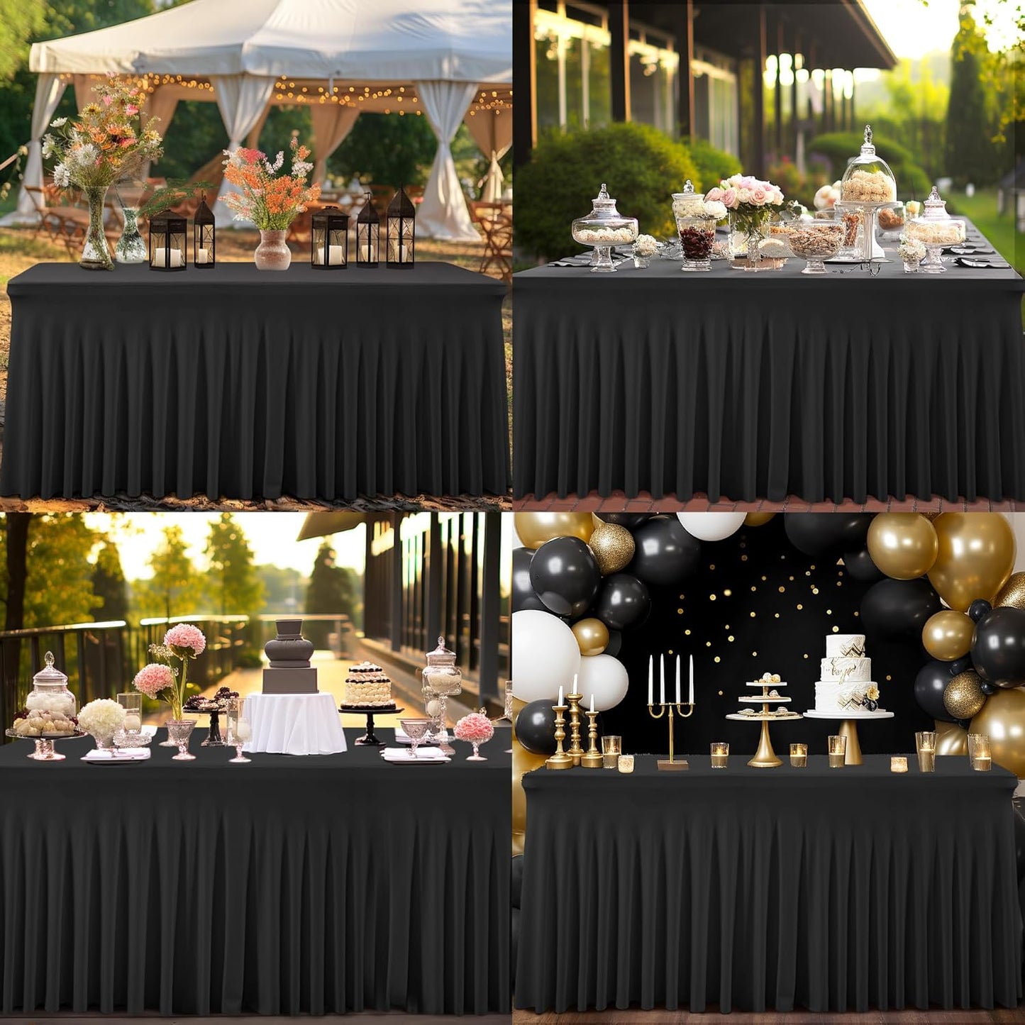2 Packs Black Spandex Tableclothes for 8 Foot Rectangle Table, Spandex Table Covers 8FT Stretch Table Skirts Wrinkle Free Fitted Table Cover for Event, Wedding, Banquet & Parties