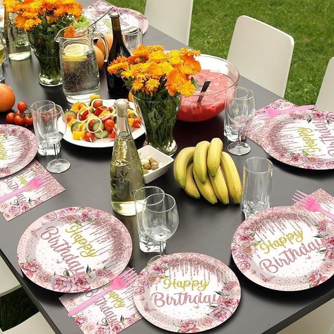 96Pcs Happy Birthday Party Supplies Floral Birthday Paper Plates Napkins Rose Gold Flower Birthday Party Decorations for Girls Women Floral Dinnerware Party Favor Spring Tea Tableware Serves 24