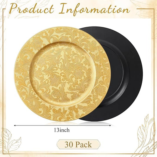 30 Pcs Gold Charger Plates Bulk 13 Inch Embossed Rim Plastic Round Decorative Vintage Plates Charger for Dinner Wedding Party Event Table Setting Decoration (Floral)