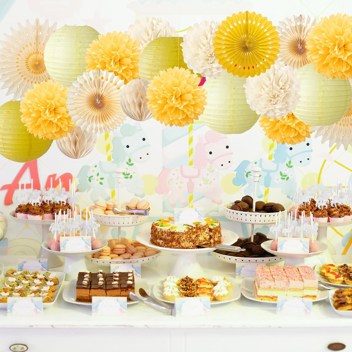 Yellow Party Decorations Yellow and Cream Paper Fans Paper Lanterns Pom Poms Flowers for Baby Shower Birthday Wedding Engagement Party