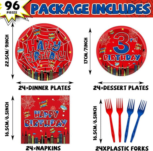 96Pcs Spider 3rd Birthday Party Decorations Cartoon Spider Theme Plates Napkins Red Blue Hero Tableware set Super Theme Hero 3rd Birthday Decoration Favors for Kids 3 Year Old Party Supplies Serve 24