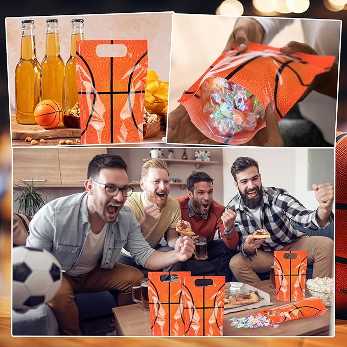 Blosssound 50 Pcs Basketball Goodie Bags Sport Sealing Pouches with Handles Clear Resealable Basketball Party Plastic Bags for Sports Theme Birthday Party Candy Gift Wrap Supplies Decoration
