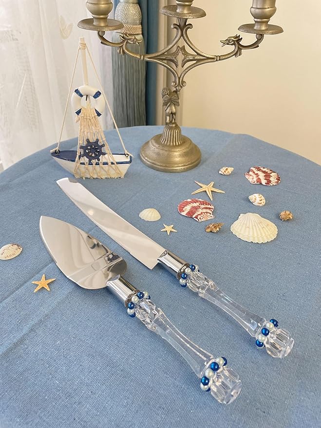 FISHBONE Stainless Steel Wedding Cake Knife and Server Set with Delicated Nautical Blue Rings Design - Perfect Cake Cutting Set for Weddings and Special Occasions