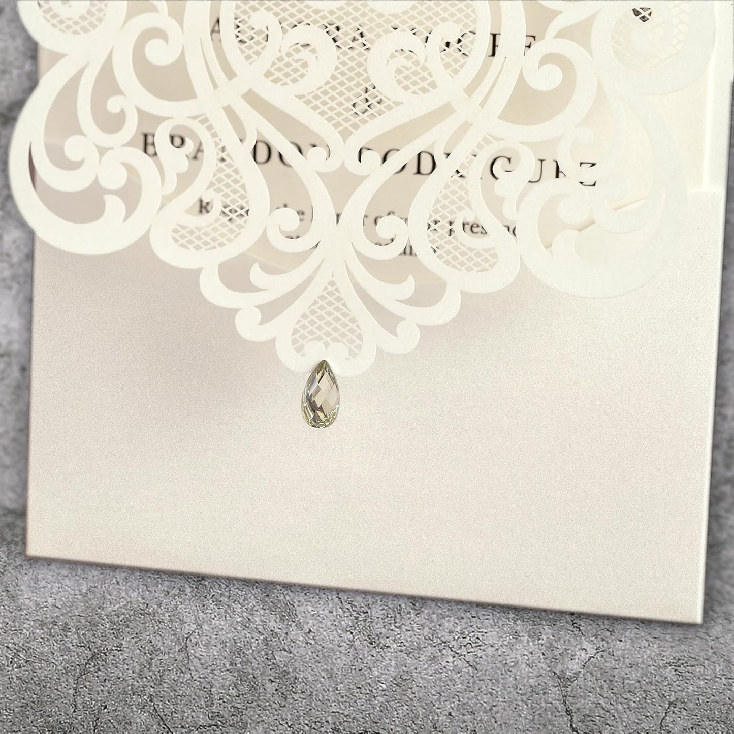 50pcs Laser Cut Wedding Invitations with Envelopes and RSVP Cards Green and Ivory White, 5x7.3 Personalized Invitation Cards for Wedding, Anniversary Invitations with Rhinestone