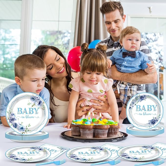 96Pcs Baby In Bloom Baby Shower Party Supplies Blue Flower Paper Plates Napkins Floral Shower Party Decorations Boy Girl Birthday Dinnerware Favor Tableware Serves 24