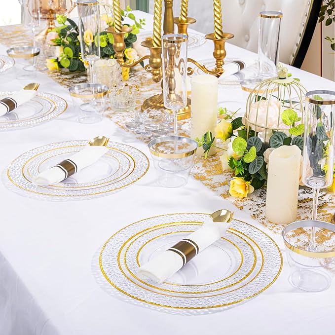 Ciaell 350PCS Clear Plastic Plates with Gold Trim for 50 Guests,Includes 100 Plastic Plates, 50 Pre Rolled Napkins with Gold Silverware, 50 Cups, Disposable Dinnerware Set for Wedding & Party