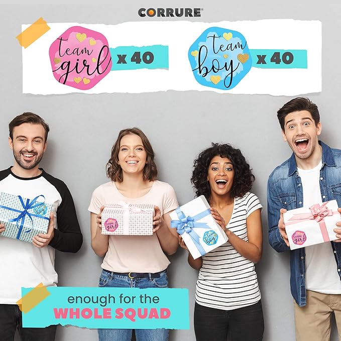 CORRURE Gender Reveal Stickers with Gold Foil for Voting Games and Party Supplies (80pcs) - Easy to Stick and Peel-Off - 2.0" Team Boy and Team Girl Labels for Baby Showers or Gender Reveal Party
