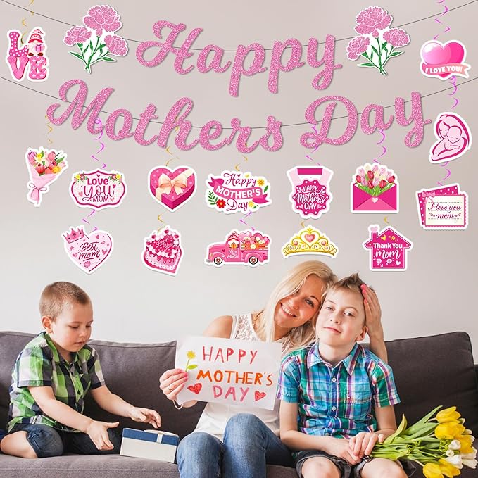 Mother’s Day Decorations Set – Happy Mother’s Day Banner with Floral Garland, Hanging Swirls, and Heart & Flower Cutouts for Mother’s Day Party, Home Décor, and Photo Backdrop
