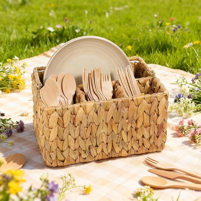 Hand-Woven Wicker Silverware Organizer, Water Hyacinth Plastic Cutlery Utensil Holder with Handle, Woven Picnic Caddy, Picnic flatware Organizer and Kitchen Countertop with Handle