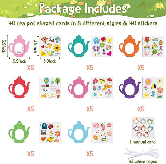 3sscha 40 Packs Tea Pot Shaped Craft Kit for Kids - Make Your Own Spring Flower Card DIY Picture Frame Self-Adhesive Sticker Handmade Artwork Decor Mother's Day Home Classroom Activity Party Favor