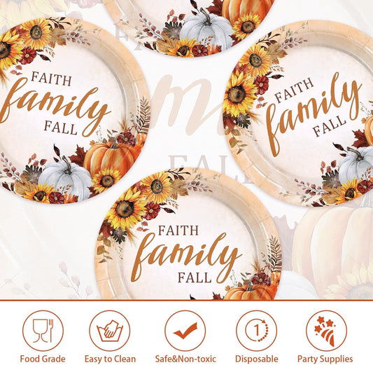 Grencian 50Pcs Fall Faith Family Party Plates 9in Disposable Heavy Duty Fall Pumpkin Sunflower Desert Paper Plates for Autumn Thanksgiving Harvest Reunion Party Decorations Serve 50